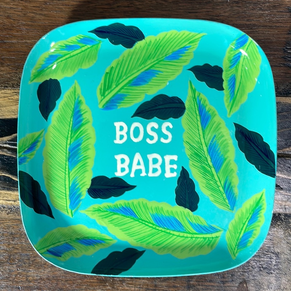 Super fun!  Tropical “Boss Babe” metal dish.  Just under 6.5” x 6.5”.
